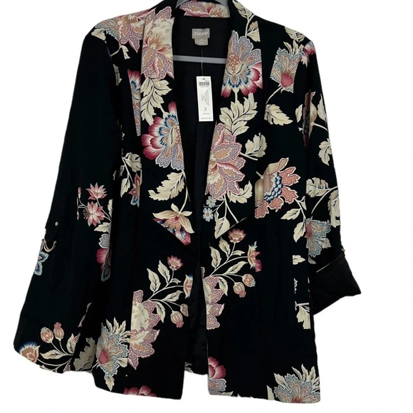 Chico’s New Women’s 12/14 Tranquil Floral 3/4 Sleeve Drape-Front Soft Jacket - Picture 1 of 9